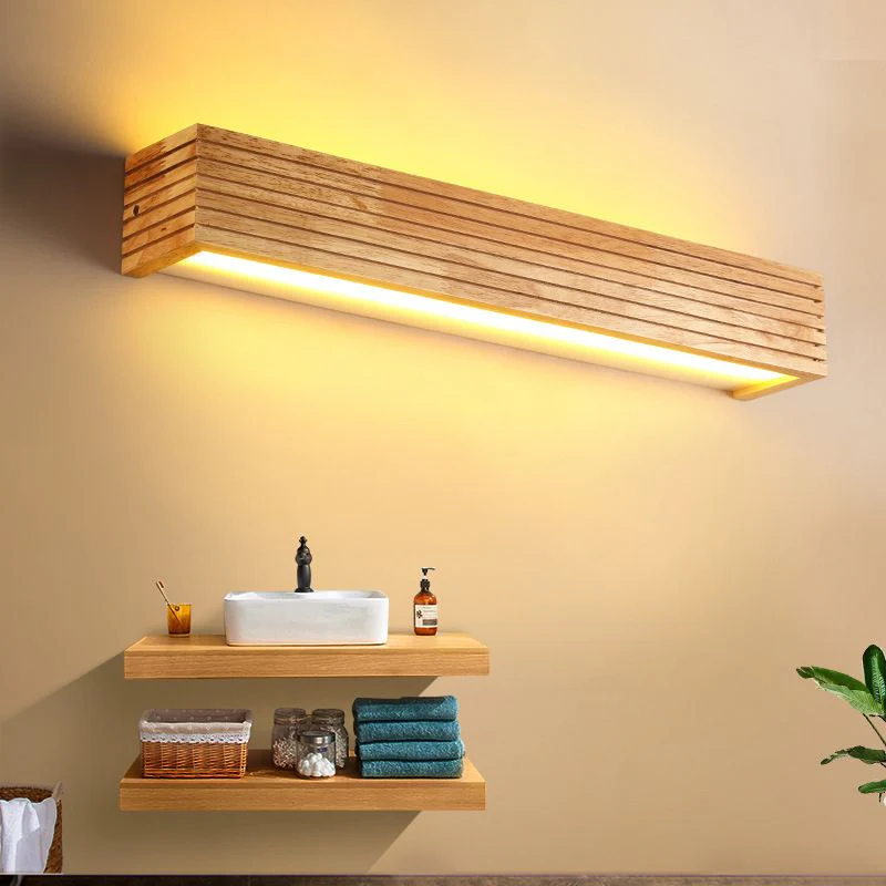 Natural Wood Frame Wall Light - Rustic LED Bathroom Mirror Sconce