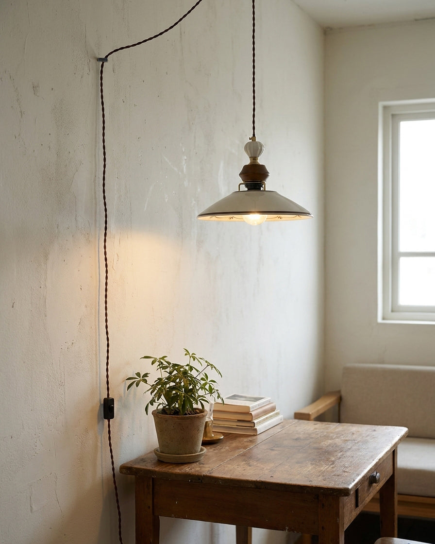 Hand-Painted Ceramic Brown Trim Plug-In Pendant