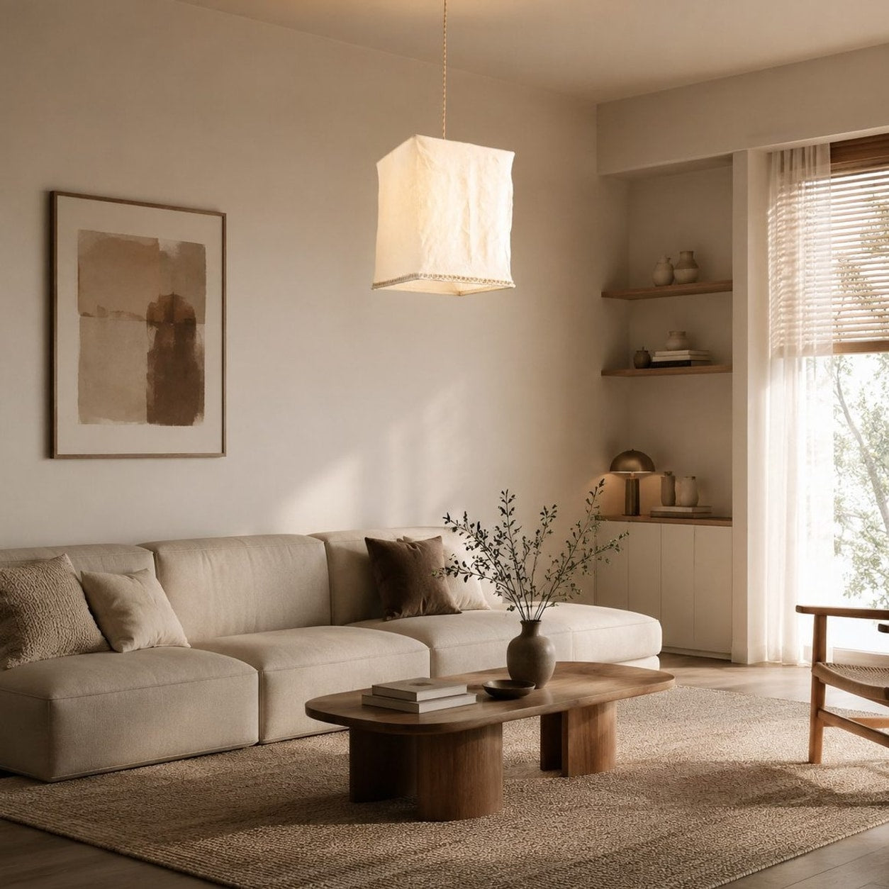 Sculptural linen pendant light above a neutral sitting area
