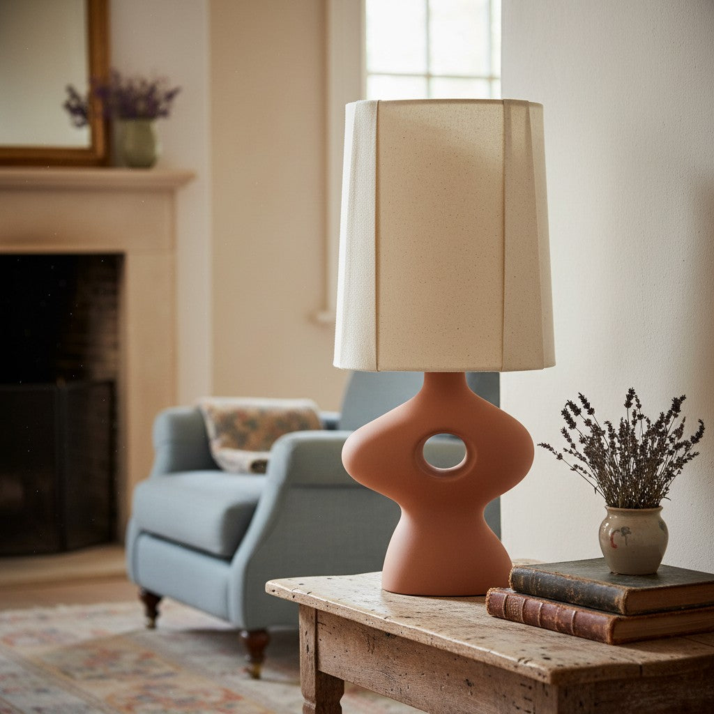 Pryssa Ceramic Table Lamp with Ivory Linen Shade -  Artistic Lighting for Living Room or Bedroom