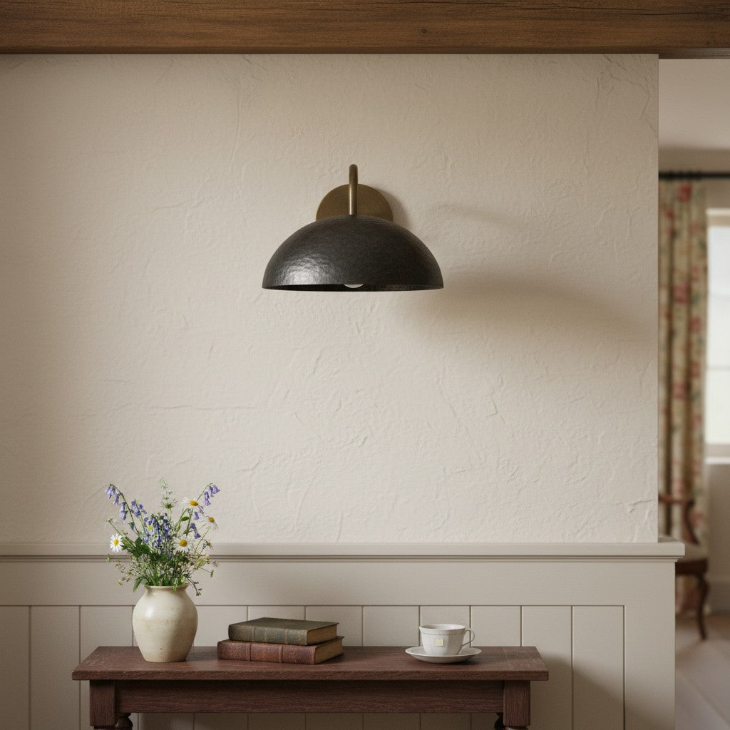 Curva Metal Industrial Wall Sconce - Curved Brass Arm - Hammered Dome Light Fixture