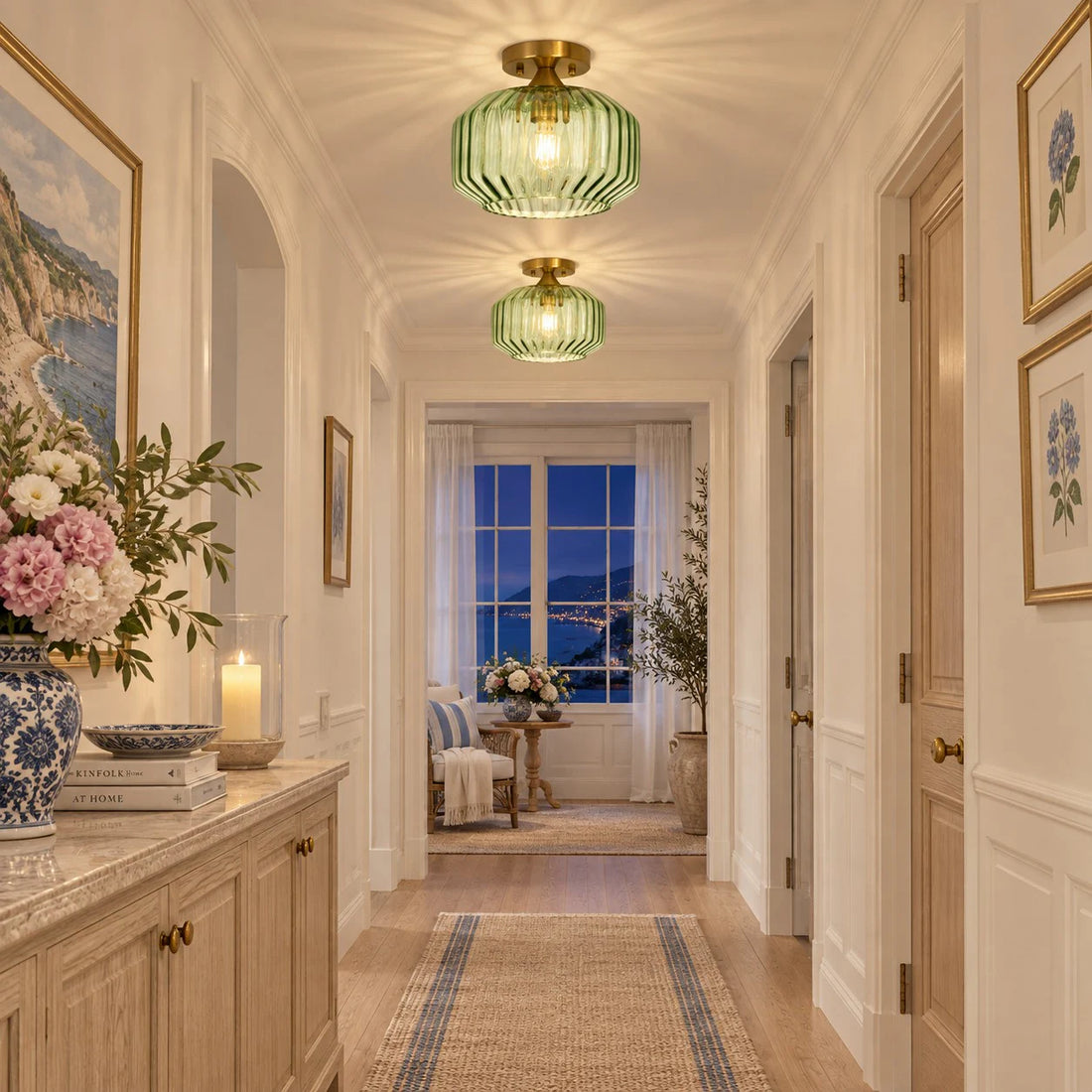 Large green ribbed glass ceiling light in a classic interior