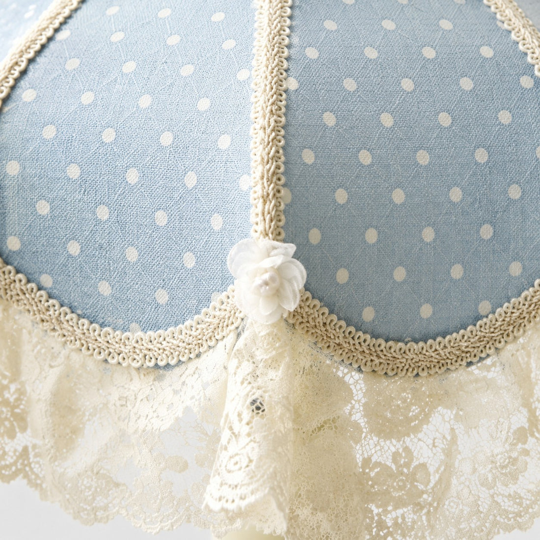Blue lace shade fabric and trim detail