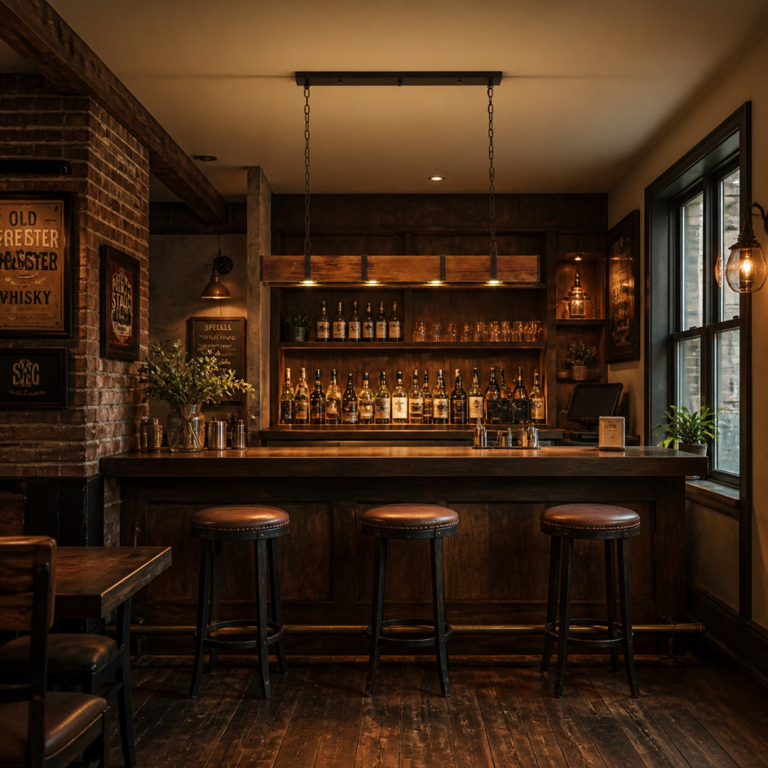 Rustic Wood Bar Pendant Light with Spotlights