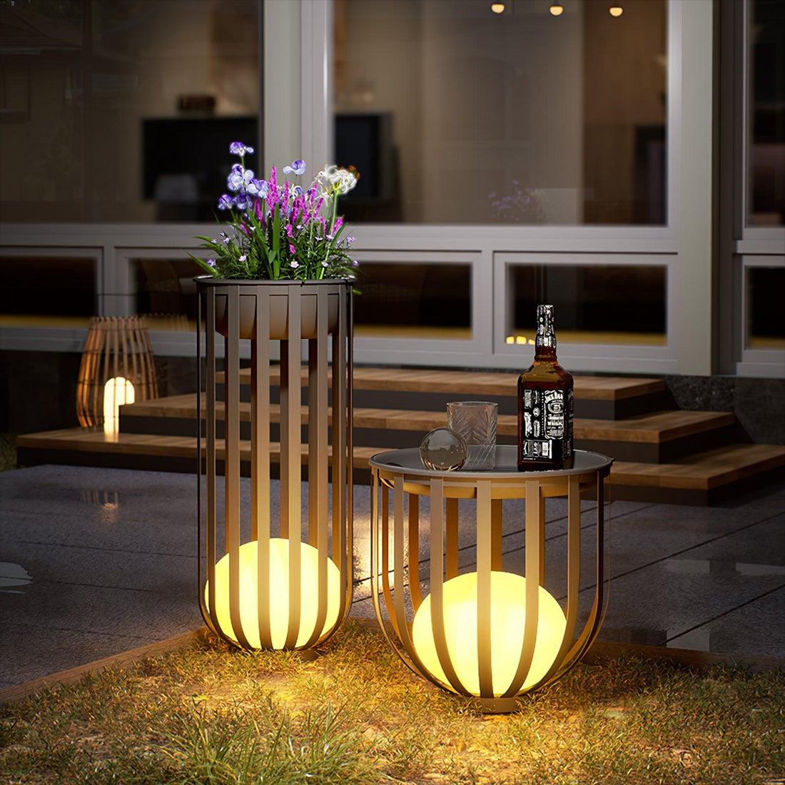 Garden Outdoor Floor Lamp - Dimmable LED Light with Tray & Flower Pot