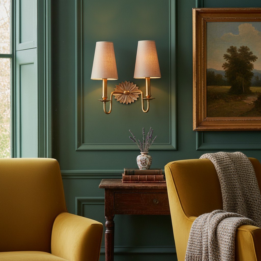 Duova Double Sconce – Antique Brass Metal and Linen Shades for Bedroom or Study