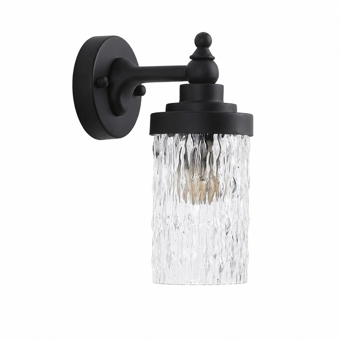 Black metal wall sconce with ribbed clear glass shade