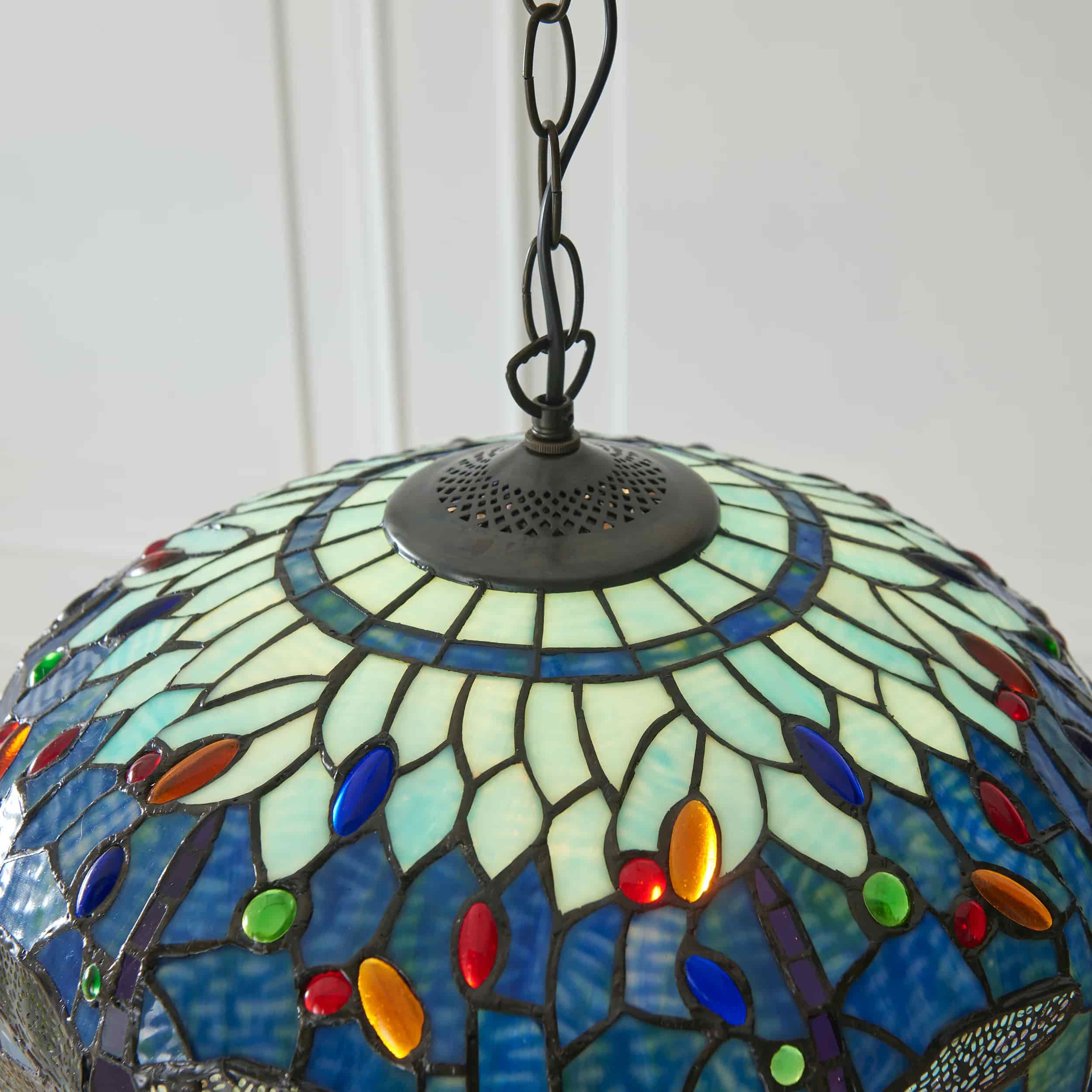 TF Dragonfly Tiffany Pendant Light – Art Nouveau Stained Glass Pendant for Living