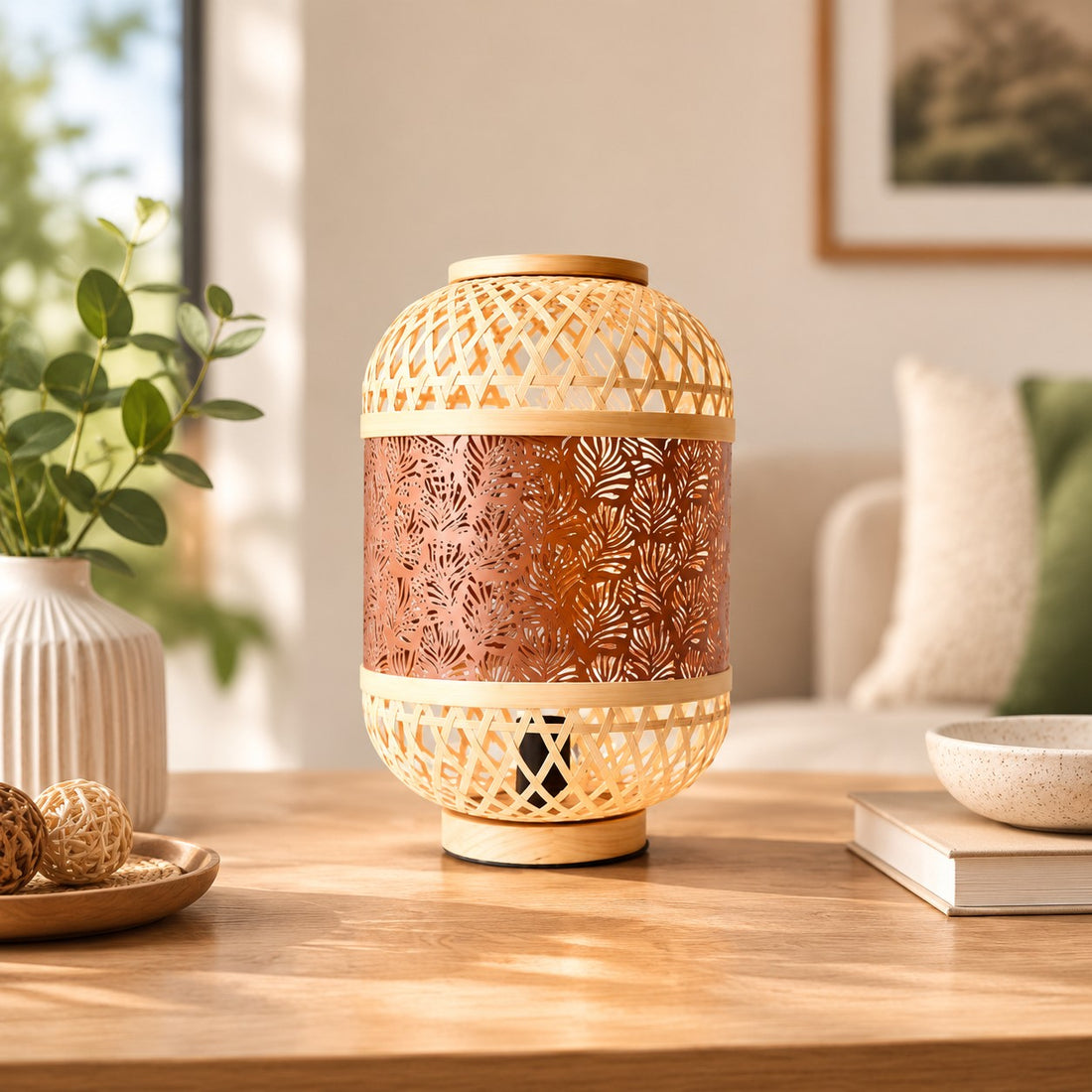 orange woven LED table lamp in a cozy living room scene