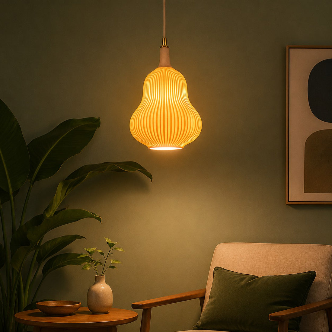 Ceramic pendant lamp in a reading corner