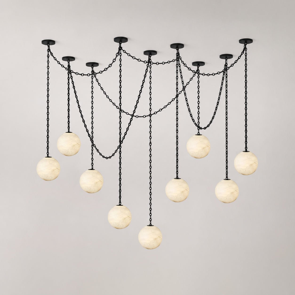 Black Metal Alabaster Globe Hardwired Chandelier