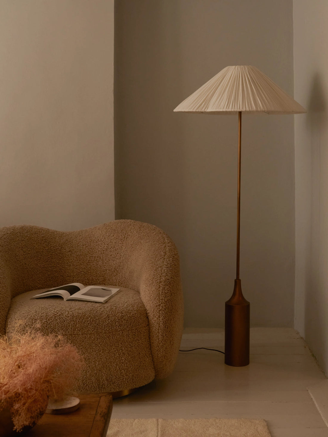 Lindi - aged brass and linen scalloped floor lamp
