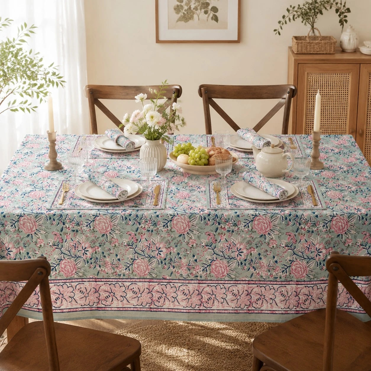 Sage green floral tablecloth styled in a bright dining room