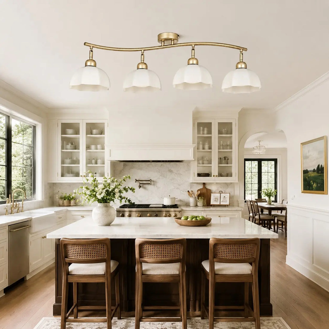 Gold 4-light ceiling fixture in a bright kitchen
