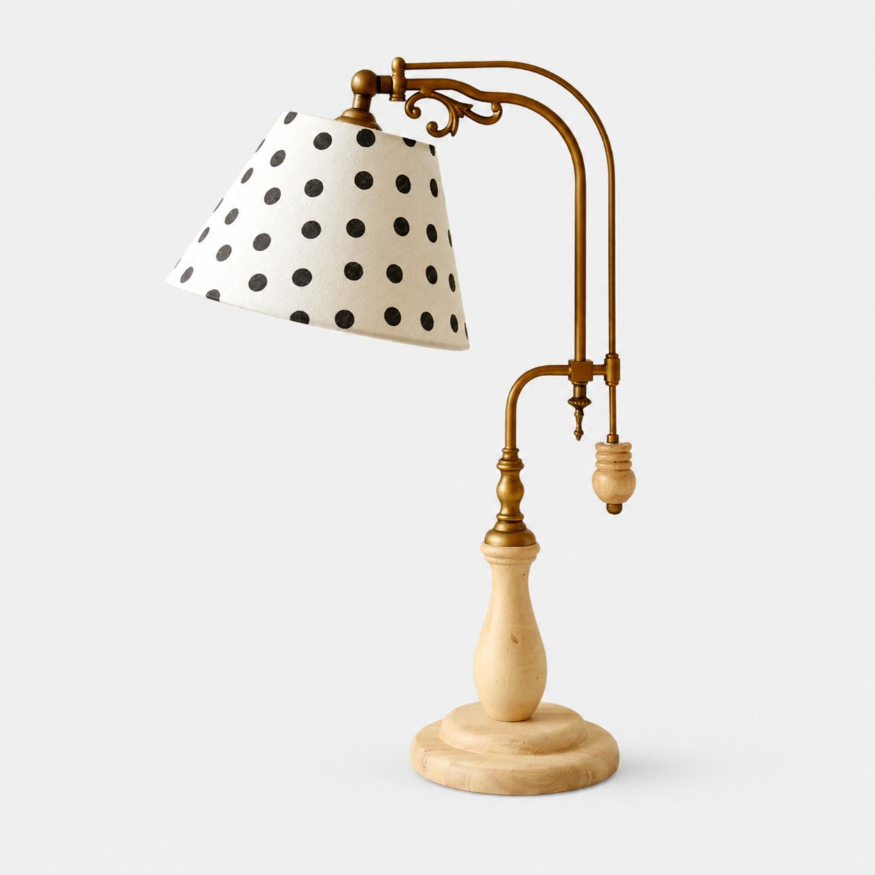 Black Polka Dot vintage wood and brass-tone table lamp