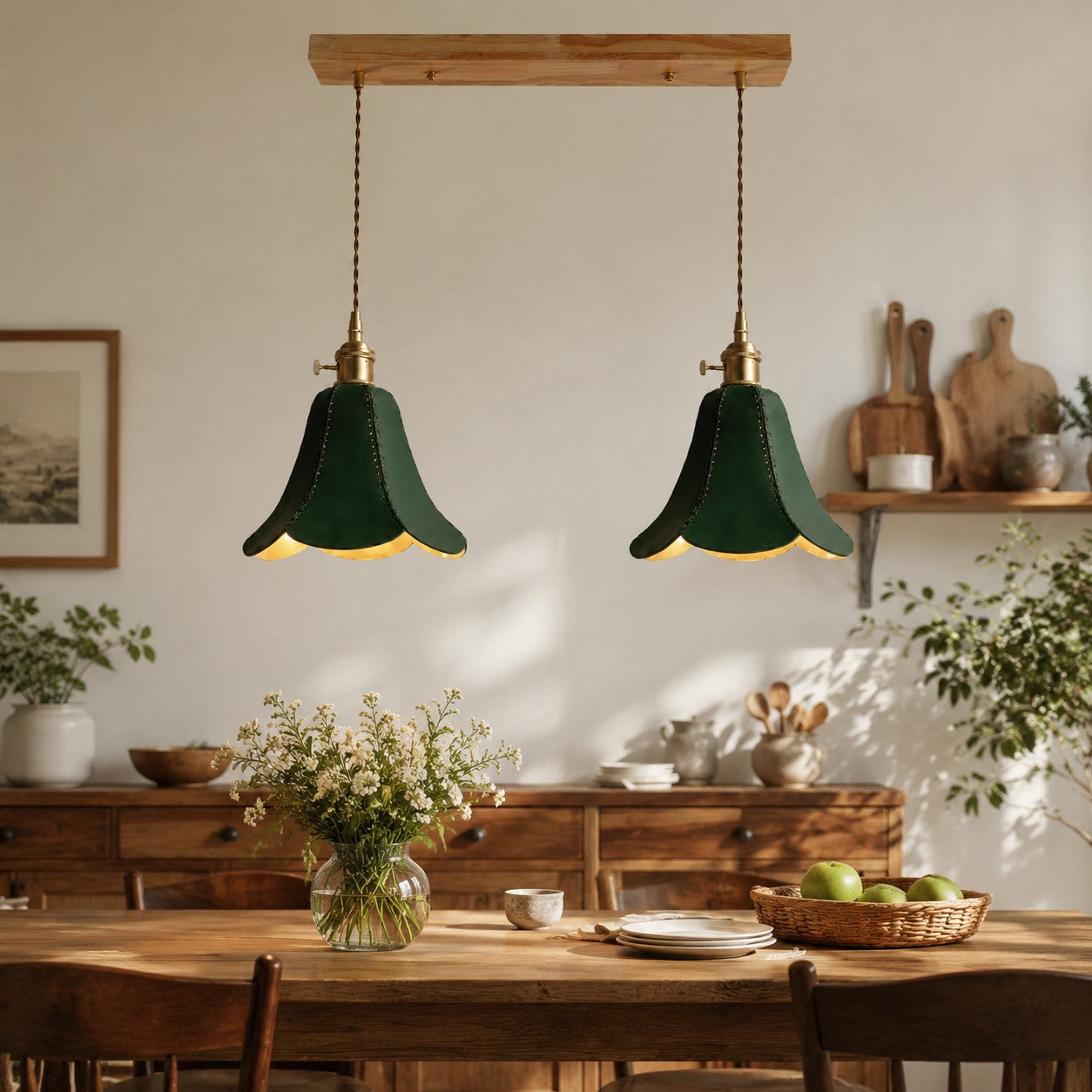 Green double pendant above a dining table