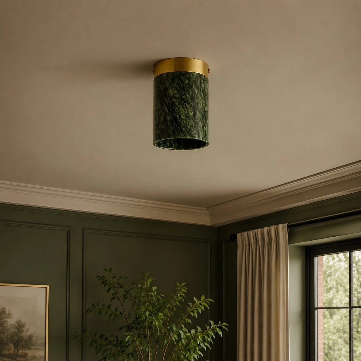 vintage green and gold ceiling light in a hallway scene