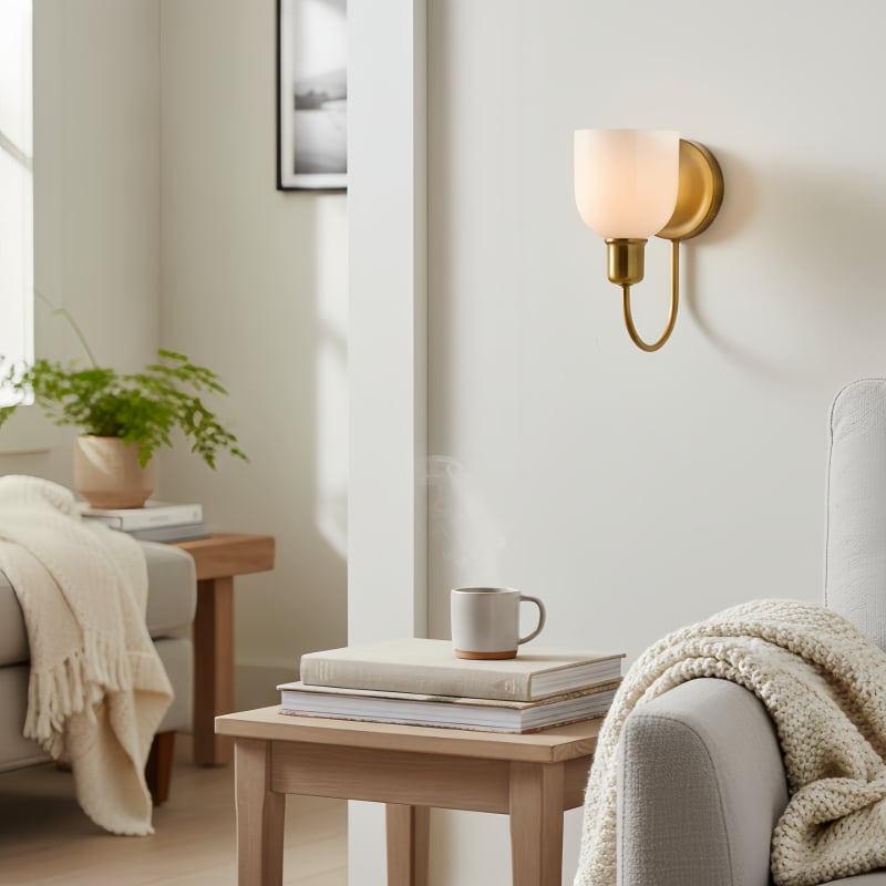 Tracian Wall Sconce - Curved Arm with Glass or Linen Shade for Bedroom