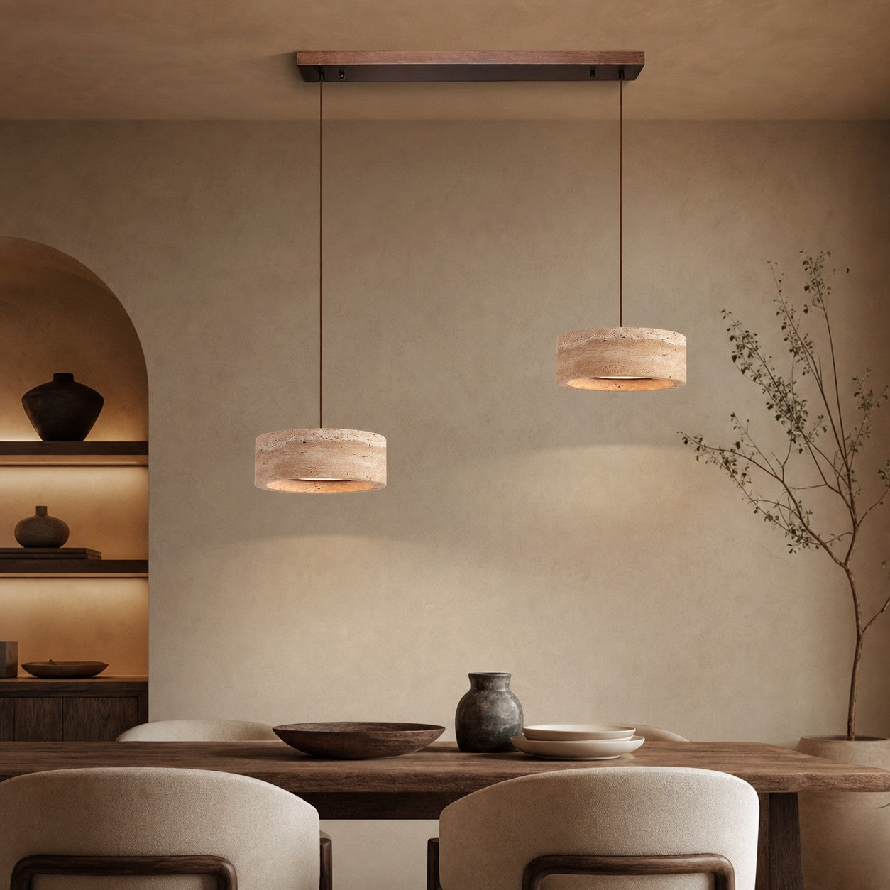 Two-light yellow travertine dining room LED pendant installation scene