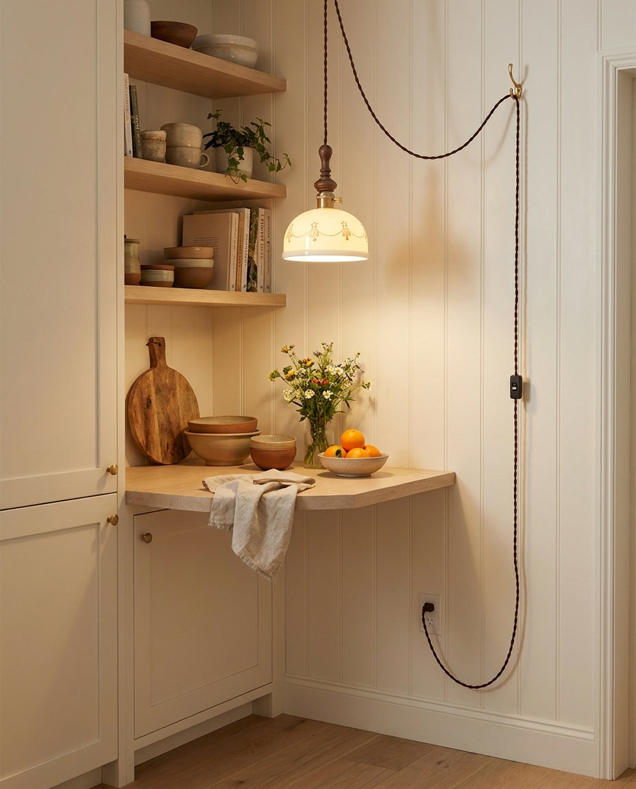 Keramik-Pendelleuchte mit Stecker und Zugkabel und Holzabschluss