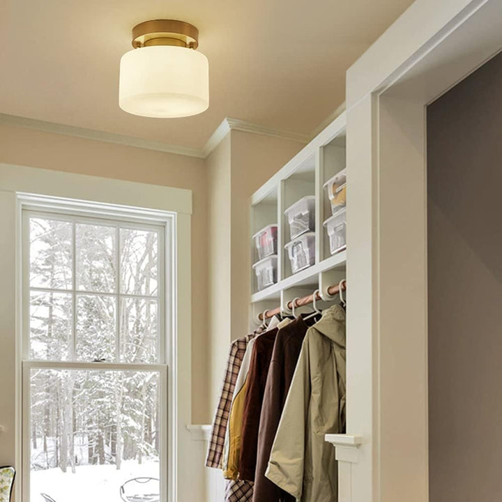 Brass Ceiling Light - White Glass Semi-Flush Modern Design for Hallway