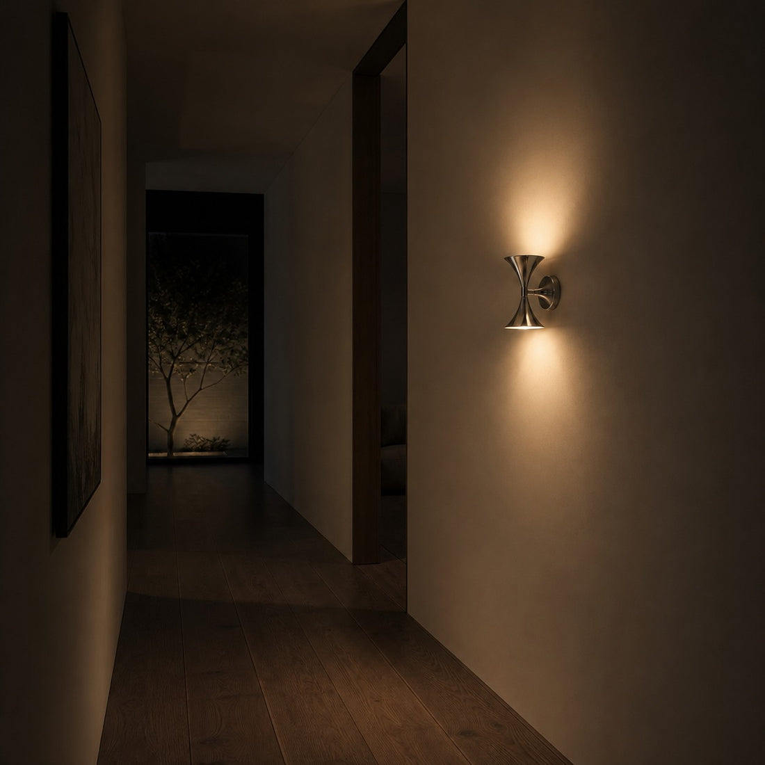 Chrome wall sconce casting warm light in a quiet hallway
