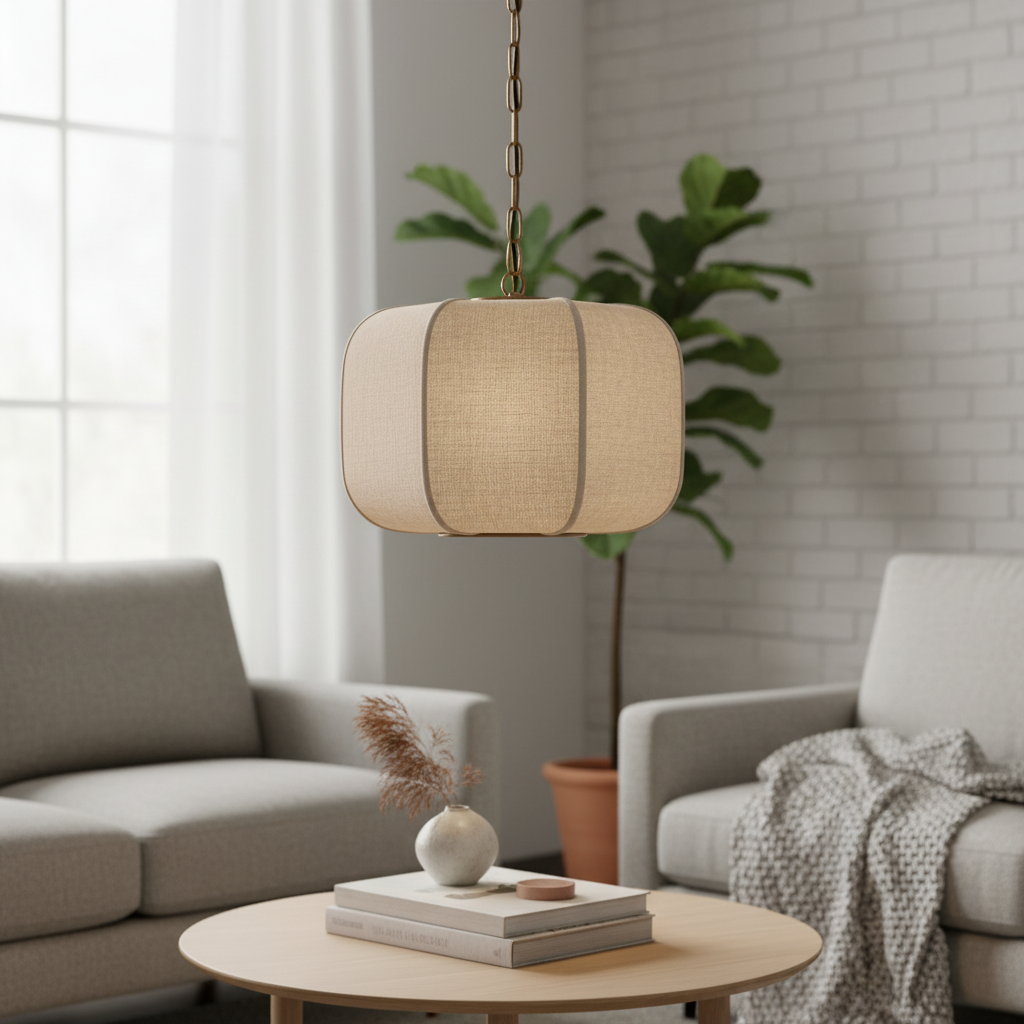 Loomis Tall Pendant – Textured Linen Shade Aged Brass Pendant for Dining Room and Kitchen