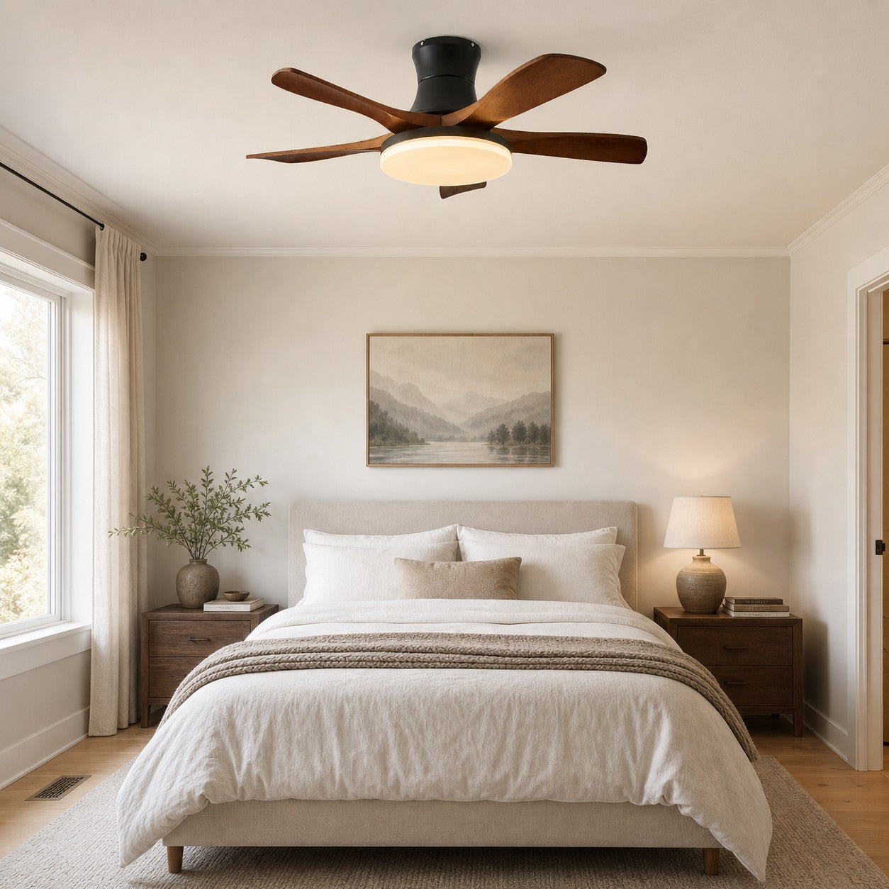 Black walnut ceiling fan light in a bedroom