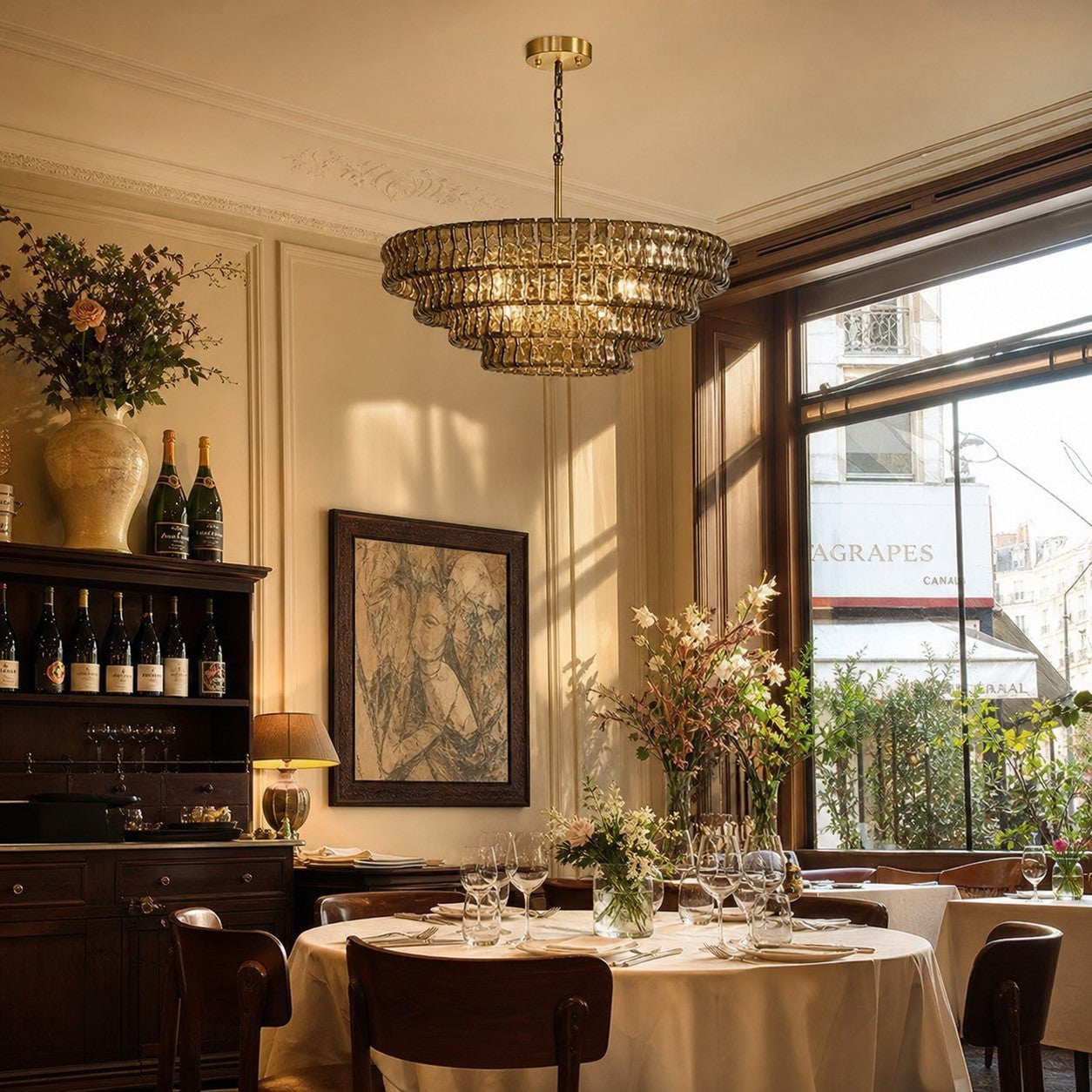 Ripple glass chandelier installed above a dining table