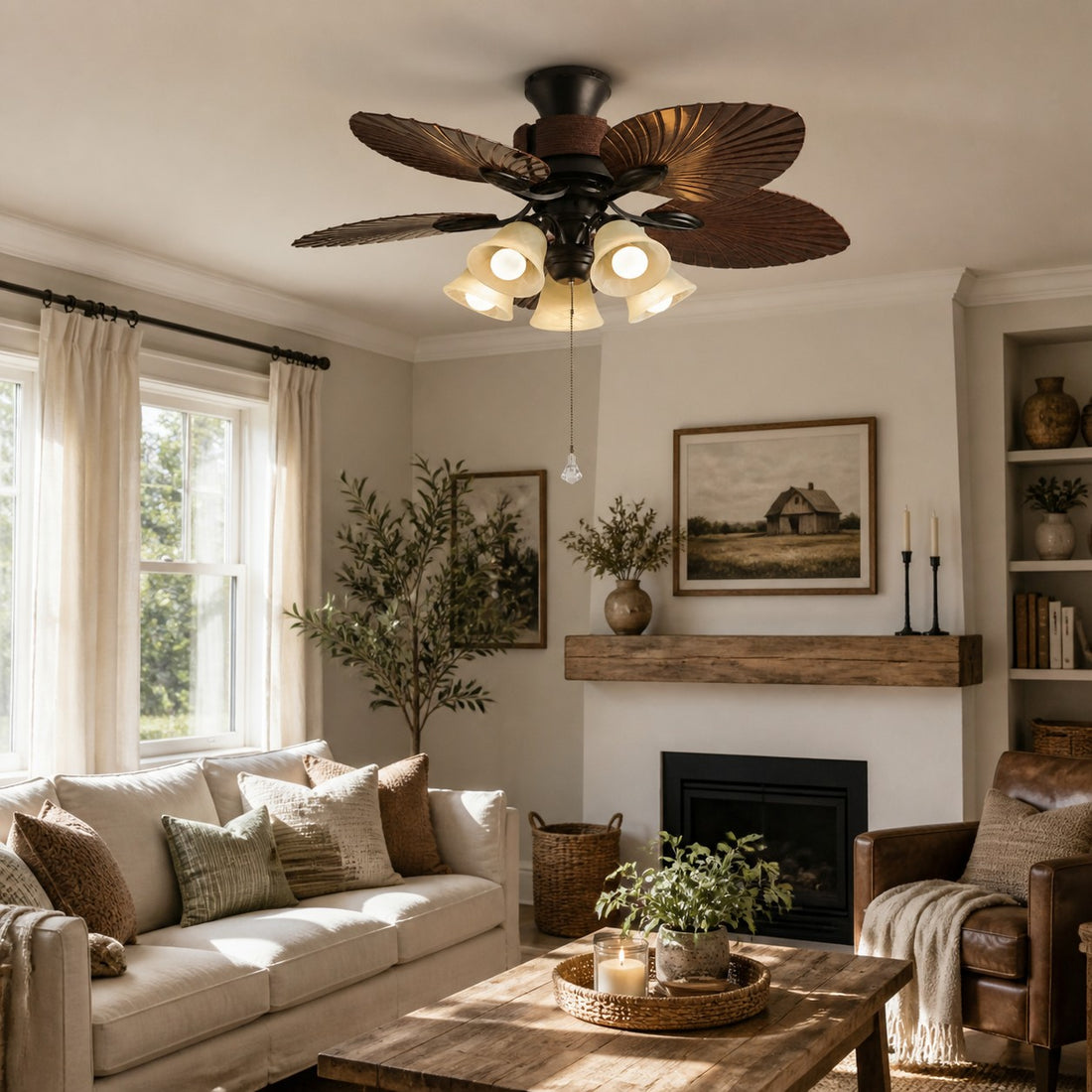 Deckenventilator mit Licht und tropischem Blattdekor