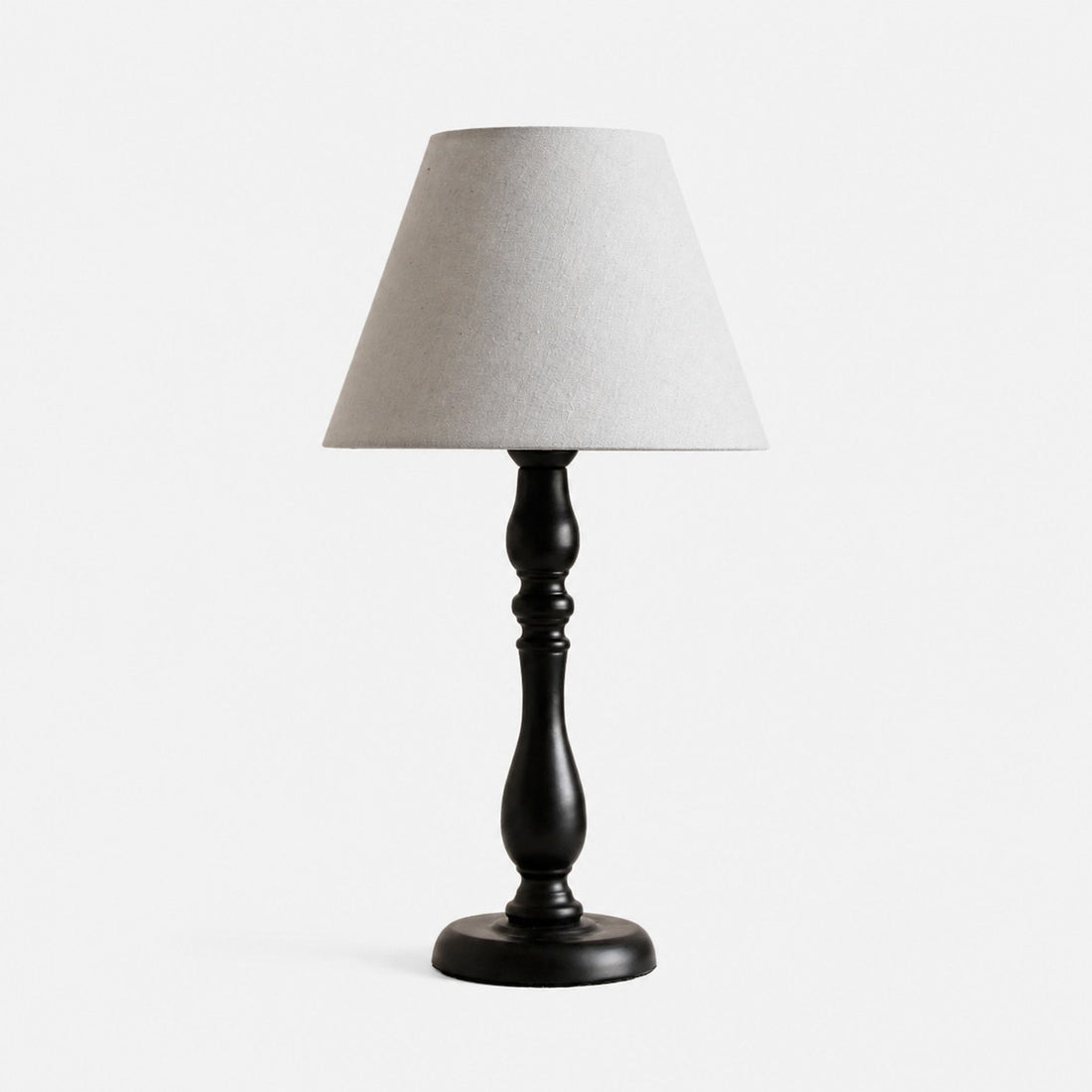 Vintage black iron table lamp with washed blue fabric shade