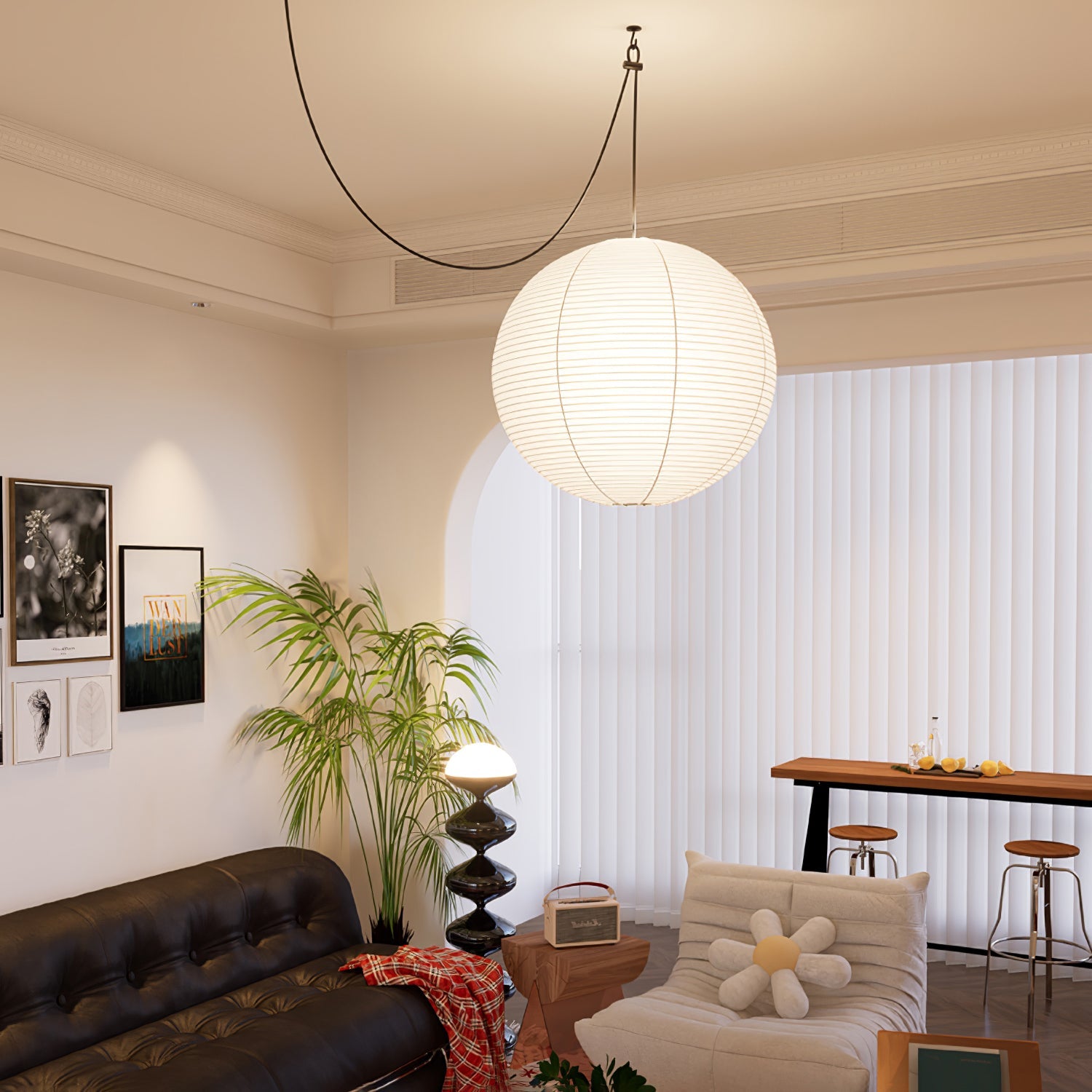 Mid-Century Round Swag Light - Handcraft Paper Lamp for Bedroom