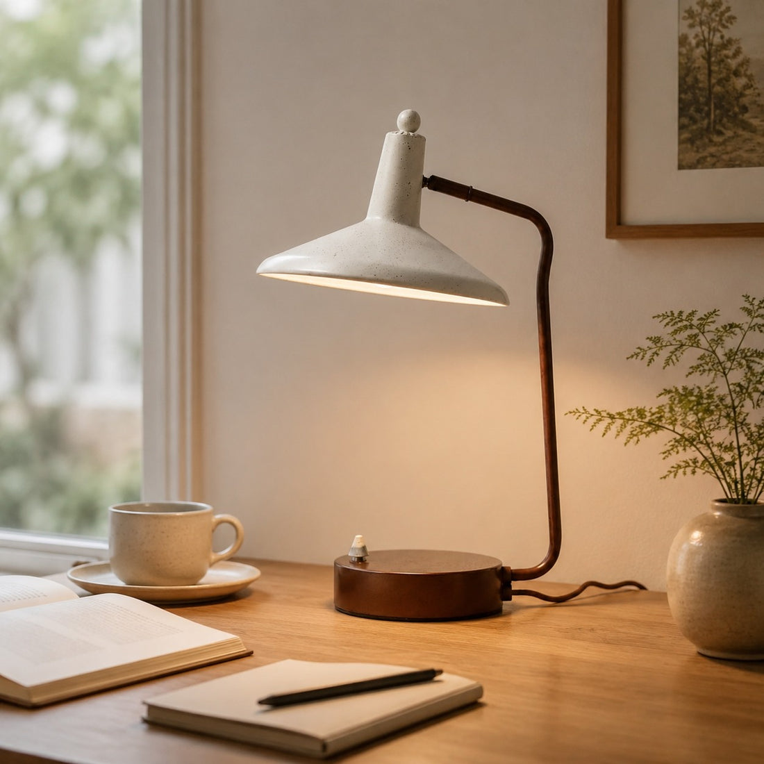 Ivory and brown desk lamp illuminating an open book by a window