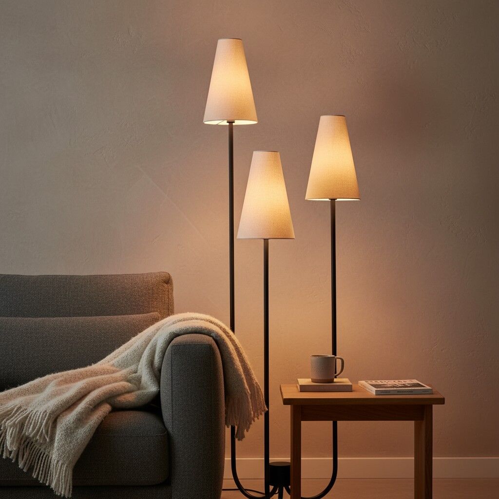 Cordove Stehleuchte mit drei konischen Schirmen – Moderne minimalistische Metall-Stoffleuchte für das Wohnzimmer