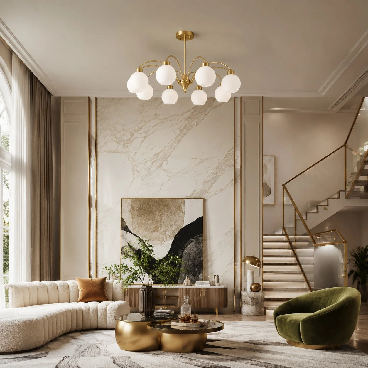 Glass globe chandelier above a marble living area
