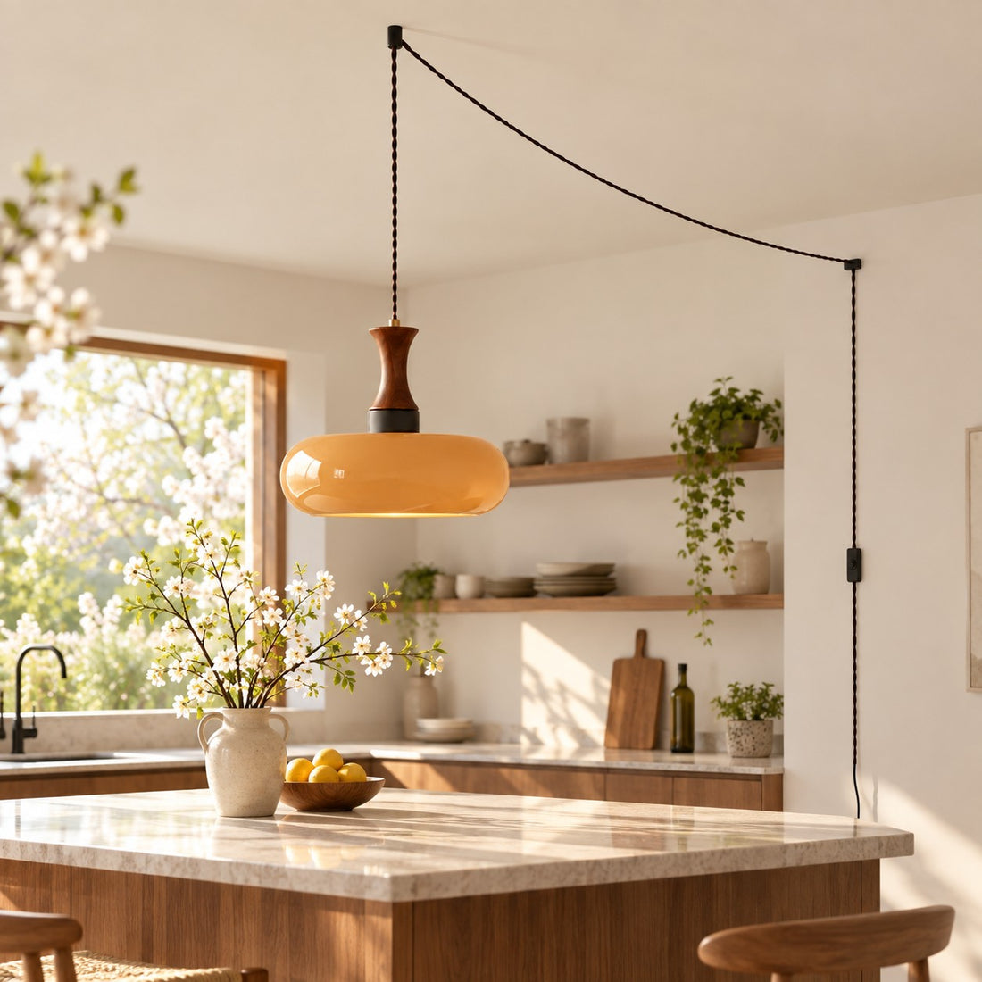 Skandinavische Pendelleuchte Velora im Landhausstil mit Stecker und Glasschirm