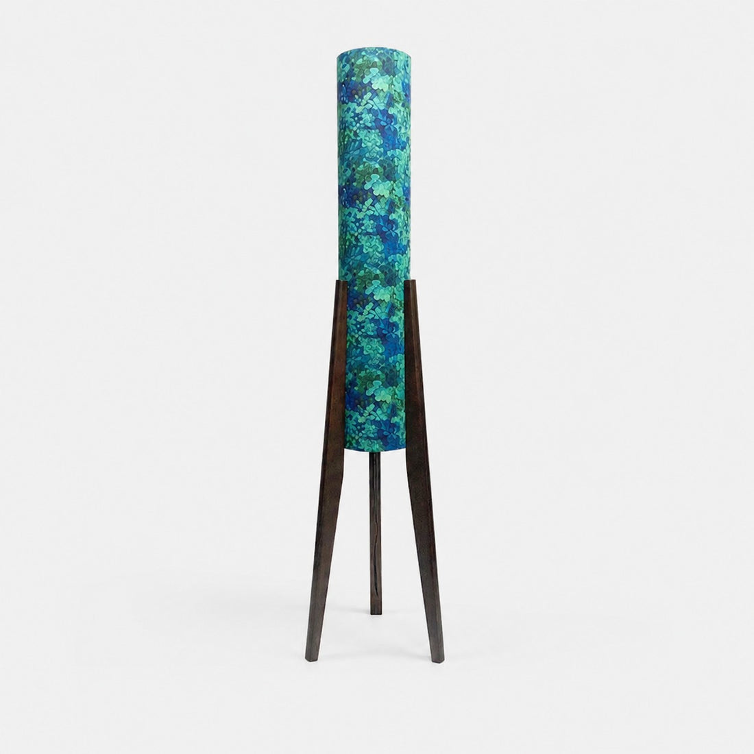 Emerald mosaic Liberty fabric tripod floor lamp with dark wood frame