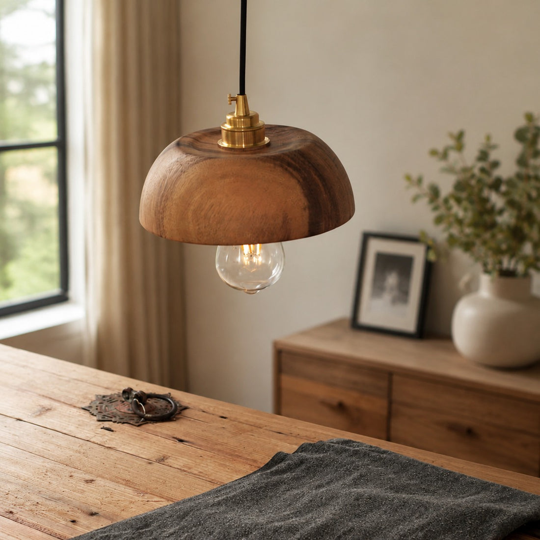 Handcrafted Walnut Wood Dome Pendant Light