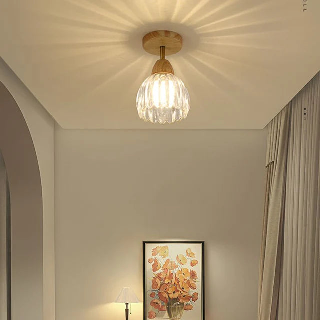 Clear Glass Ceiling Light - Minimalist Flower Wood Fixture for Hallway