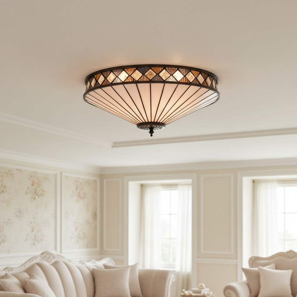 TF Fargo Geometric Flush Mount Light — Handcrafted Art Deco Stained Glass Lamp for Entryway