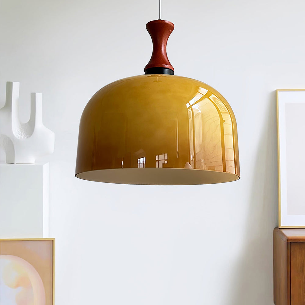 Retro Round Pendant Light - Amber Glass Hanging Lamp for Dining Room