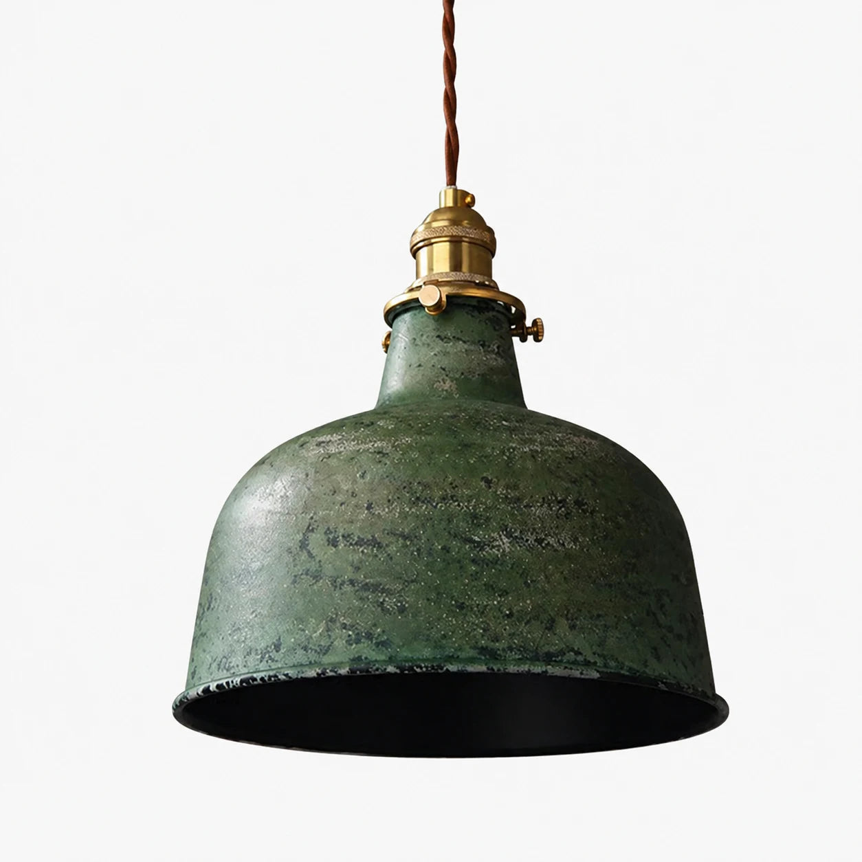 Distressed green rounded dome pendant lamp on white background