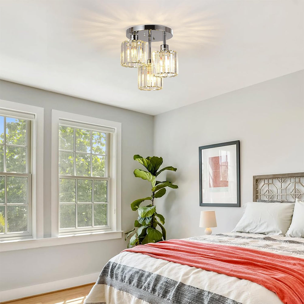 Modern Crystal Ceiling Light - Multi-head Semi Flush Mount for Bedroom