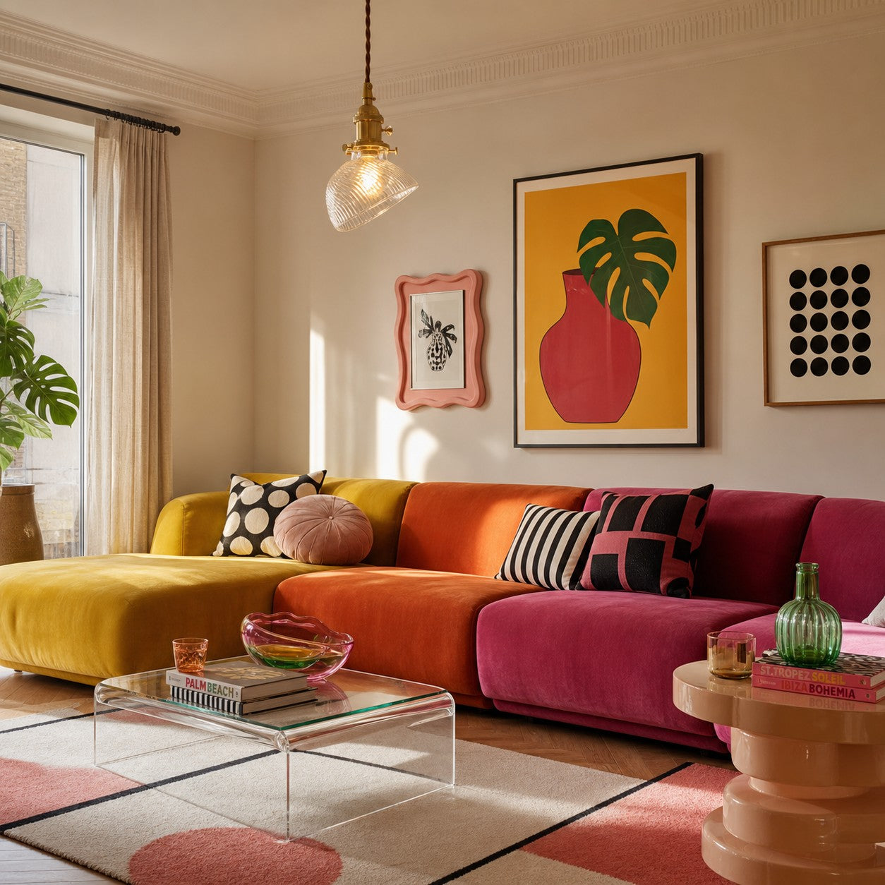 Clear glass pendant in a colorful living room