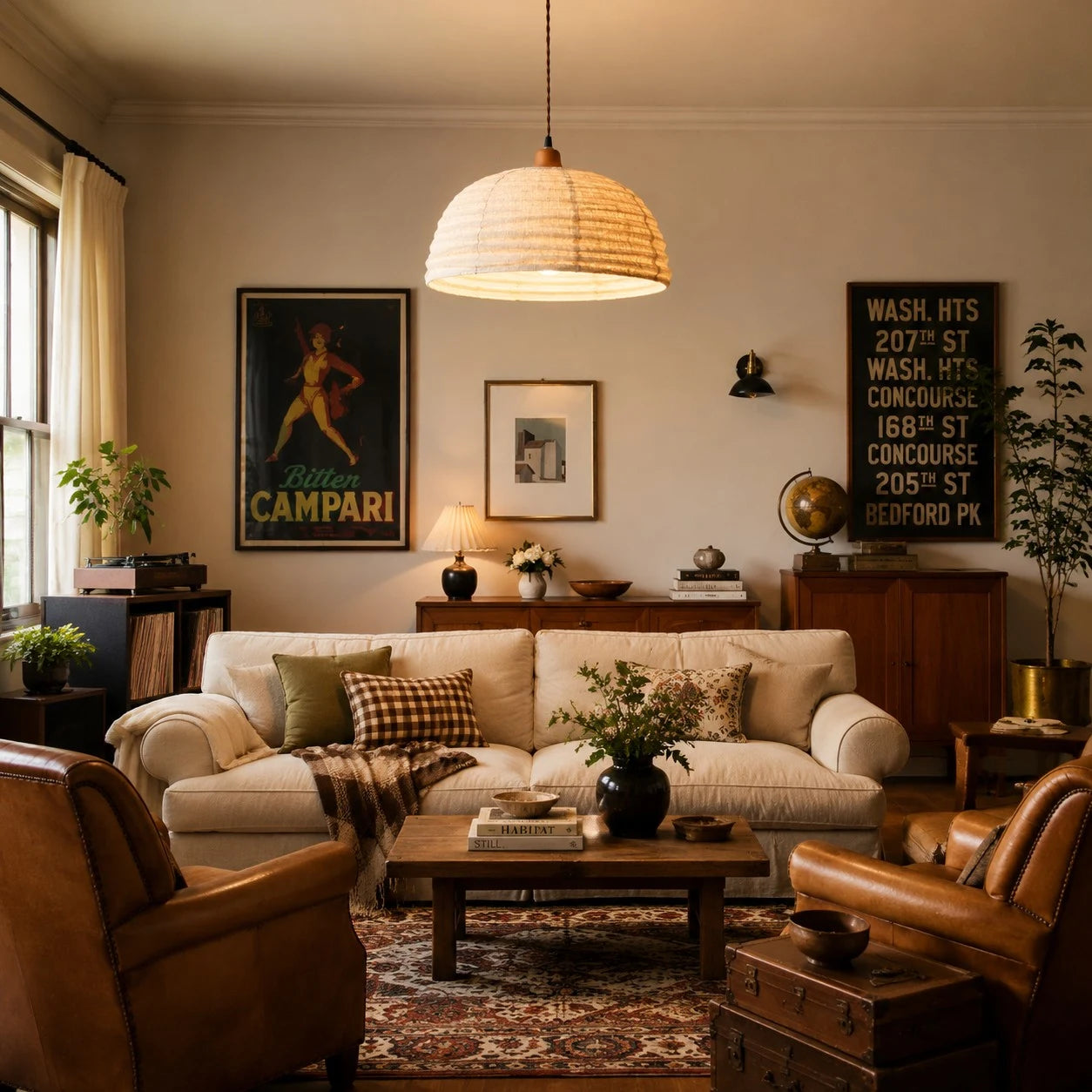 Hemp dome pendant light over a vintage living room seating area