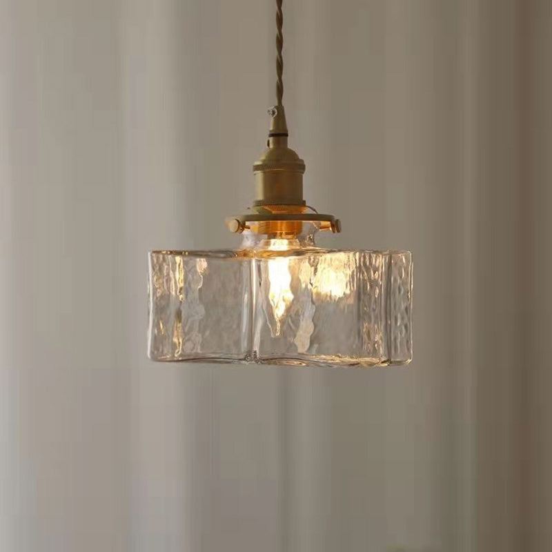Traditionelle Vintage Quadrat Rechteck Ripple Glas Eisen 1-Licht Pendelleuchte für Wohnzimmer