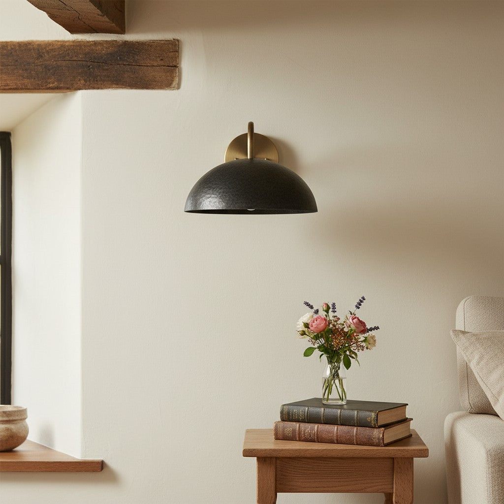 Curva Metal Industrial Wall Sconce - Curved Brass Arm - Hammered Dome Light Fixture