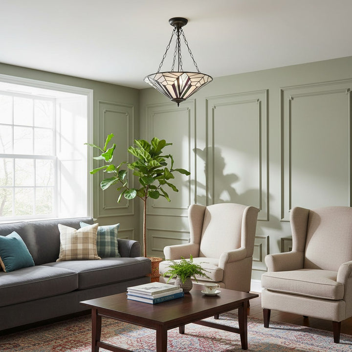 TF Astoria Decorative Stained Glass Semi Flush Light – Art Deco Ceiling Fixture for Entryways & Lounges