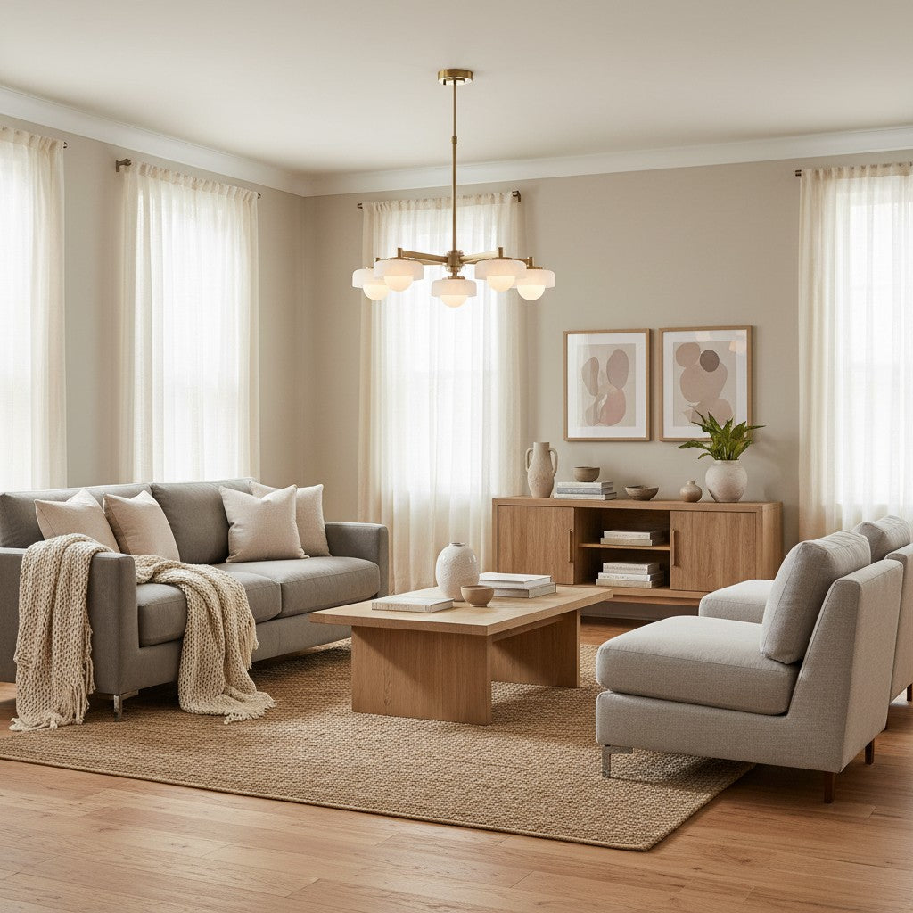 Zirvos Pendant with Frosted Opal Globes and Brushed Brass Frame for Living and Dining