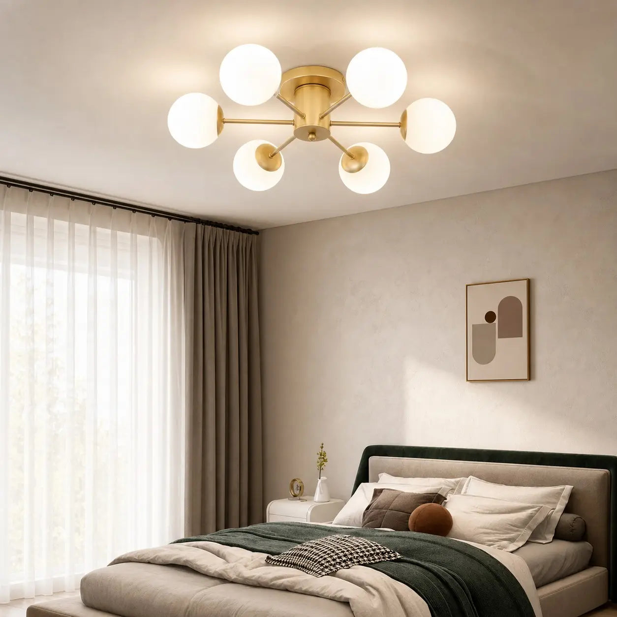 Gold globe ceiling light in a calm modern bedroom